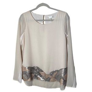 MM Couture Women Size Large Sequin Cream Gorgeous Blouse NWOT Rose Gold Silver